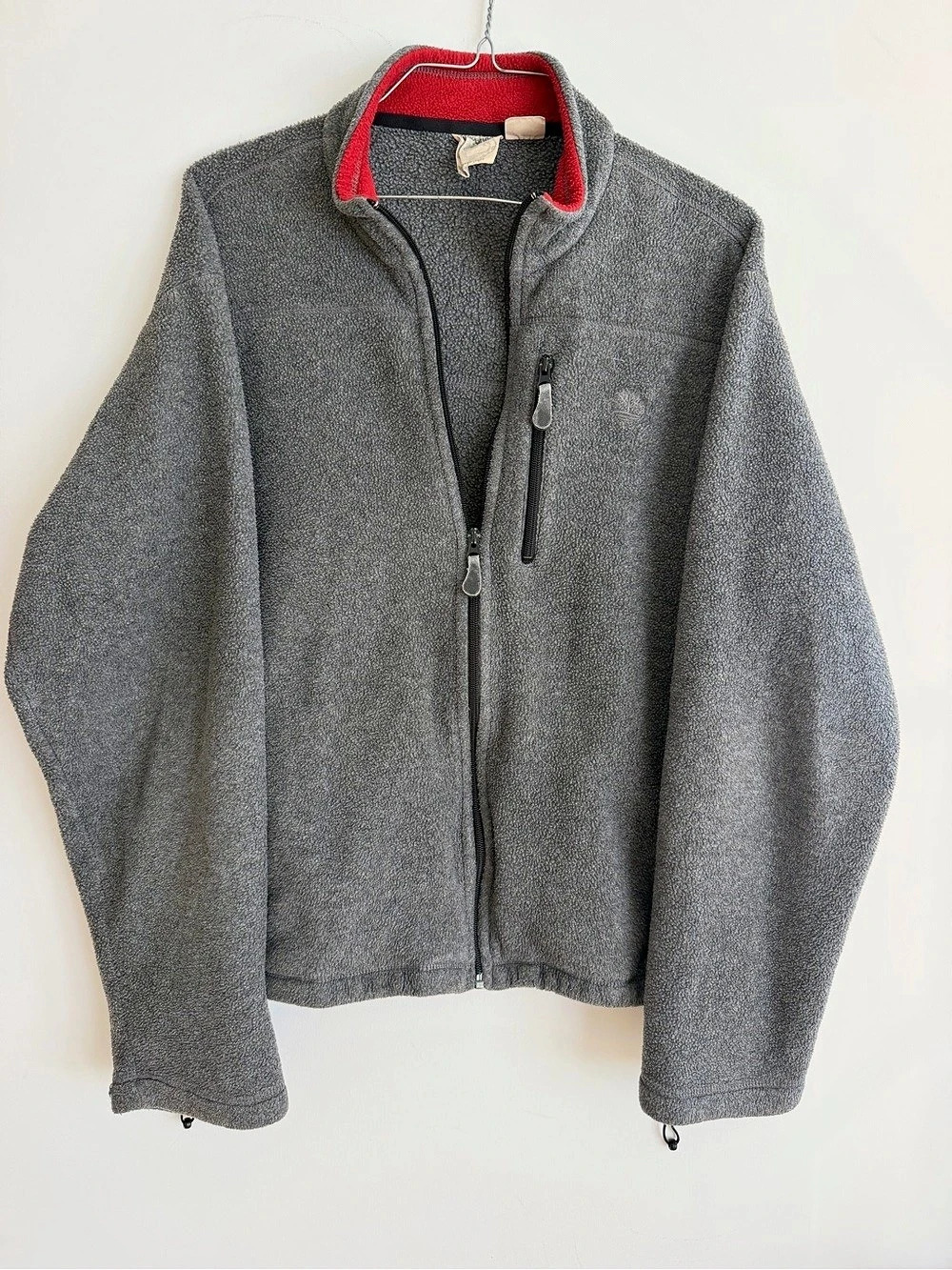 Timberland WeatherGear Gray Fleece Jacket Mens XL Full Zip Outdoor Red Collar 71